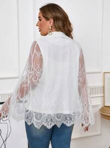 SHEIN Clasi Plus Size Women's Lace Split-Sleeve Patchwork Blazer Jacket, Spring/Summer - White - View 4