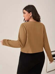 SHEIN LUNE Plus Solid Open Front Crop Blazer For Dailywear In Fall/Winter - Khaki - View 2