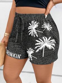 Linhara CURVE Plus Size Boho Coconut Tree & Letter Graphic Drawstring Waist Shorts, For Summer - Dark Grey - View 5
