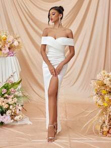 Elisanya 女士优雅交叉露肩褶皱开叉大腿鸡尾酒会超长舞会礼服，精致迷人的白色半正式婚礼宾客礼服，适合生日、毕业典礼、晚宴， - 白色 - 查看 5