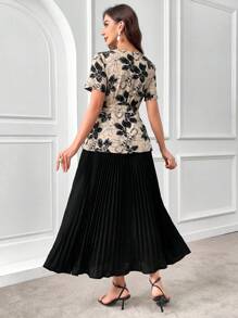 Al Najma Floral Print Knot Side Pleated Hem 2 In 1 Dress - Black - View 5
