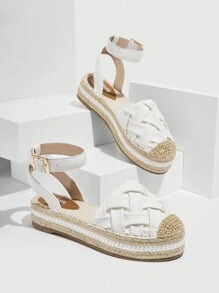 Styleloop Vacation White Slingback Flatform Shoes For Woman, Texture Embossed Stitch Detail Shoes For Spring And Summer - White - View 5
