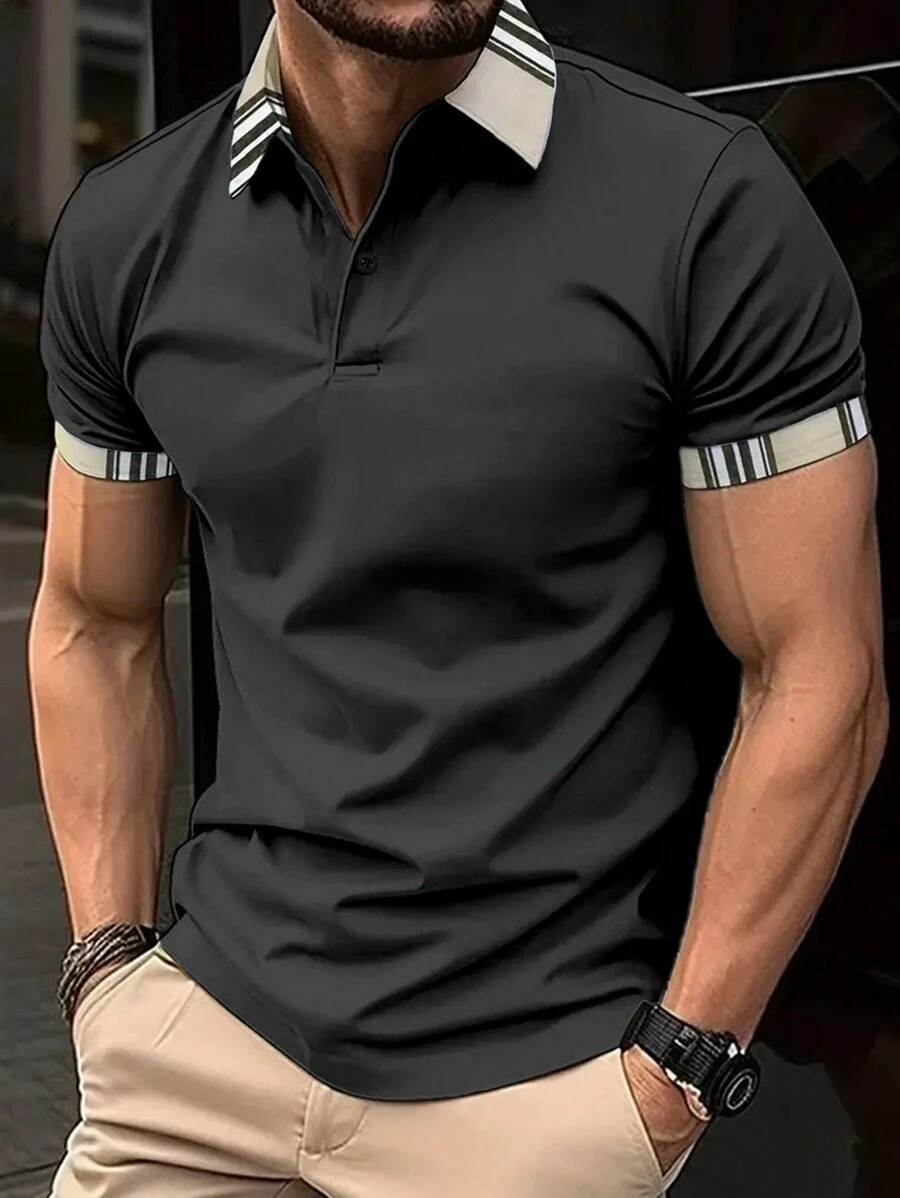 Manfinity Dauomo Men's Simple Printed Short Sleeve Polo Shirt - Black - View 1