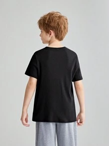 SHEIN 適合青少年男孩的純色圓領短袖T卹，采用窩紋編織面料 - 黑色 - 查看 2