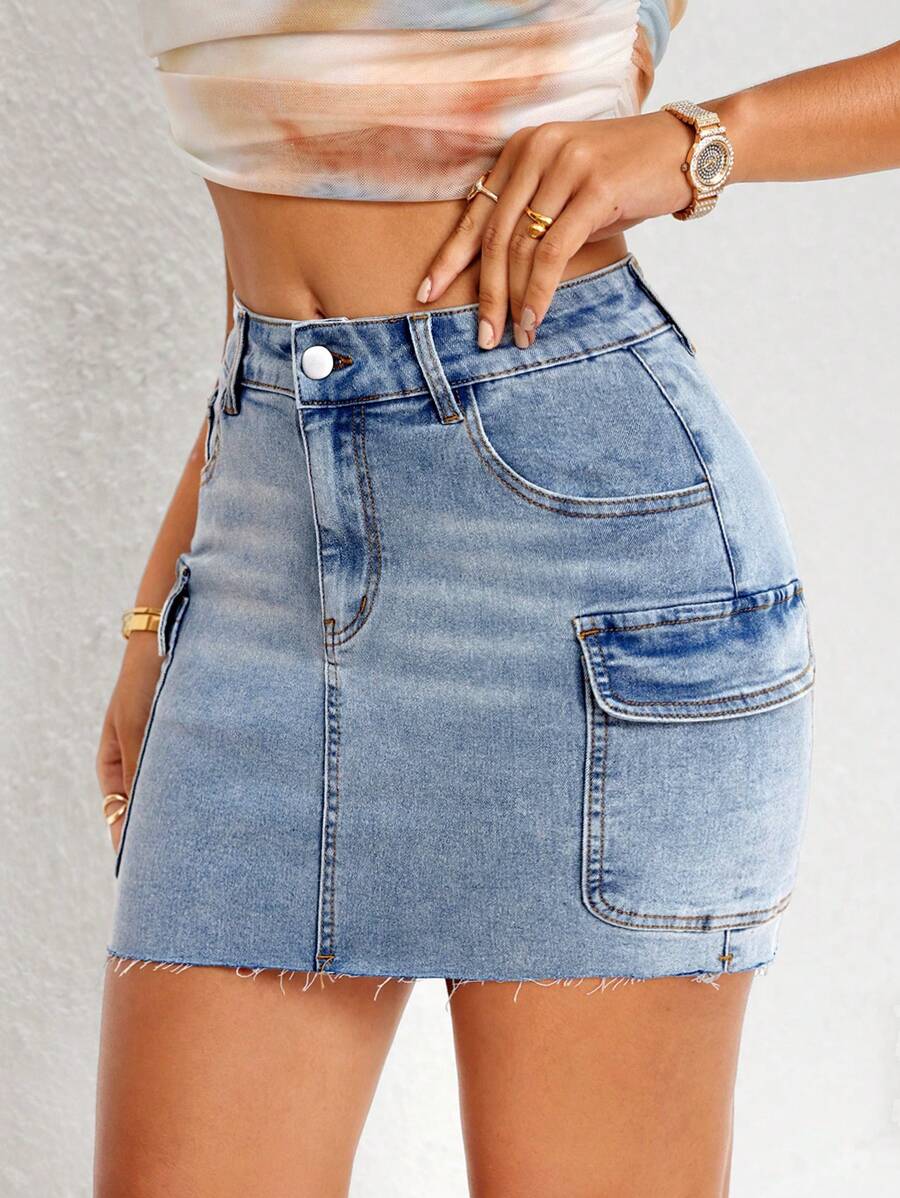 SHEIN Essnce Váy mini có viền thô có túi nắp - Rửa nhẹ - Xem 1