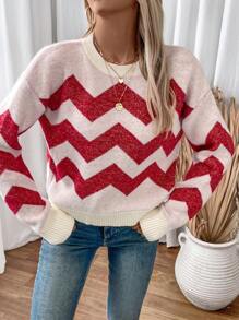 SHEIN LUNE Women's Loose Fit Casual Round Neck Pullover Sweater With Drop Shoulder And Wavy Stripes, Autumn/Winter, Knit Pullover Fall - Multicolor - View 4