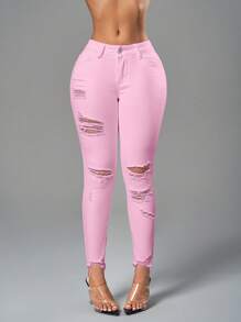 SHEIN SXY 實心撕裂生邊窄腳牛仔褲