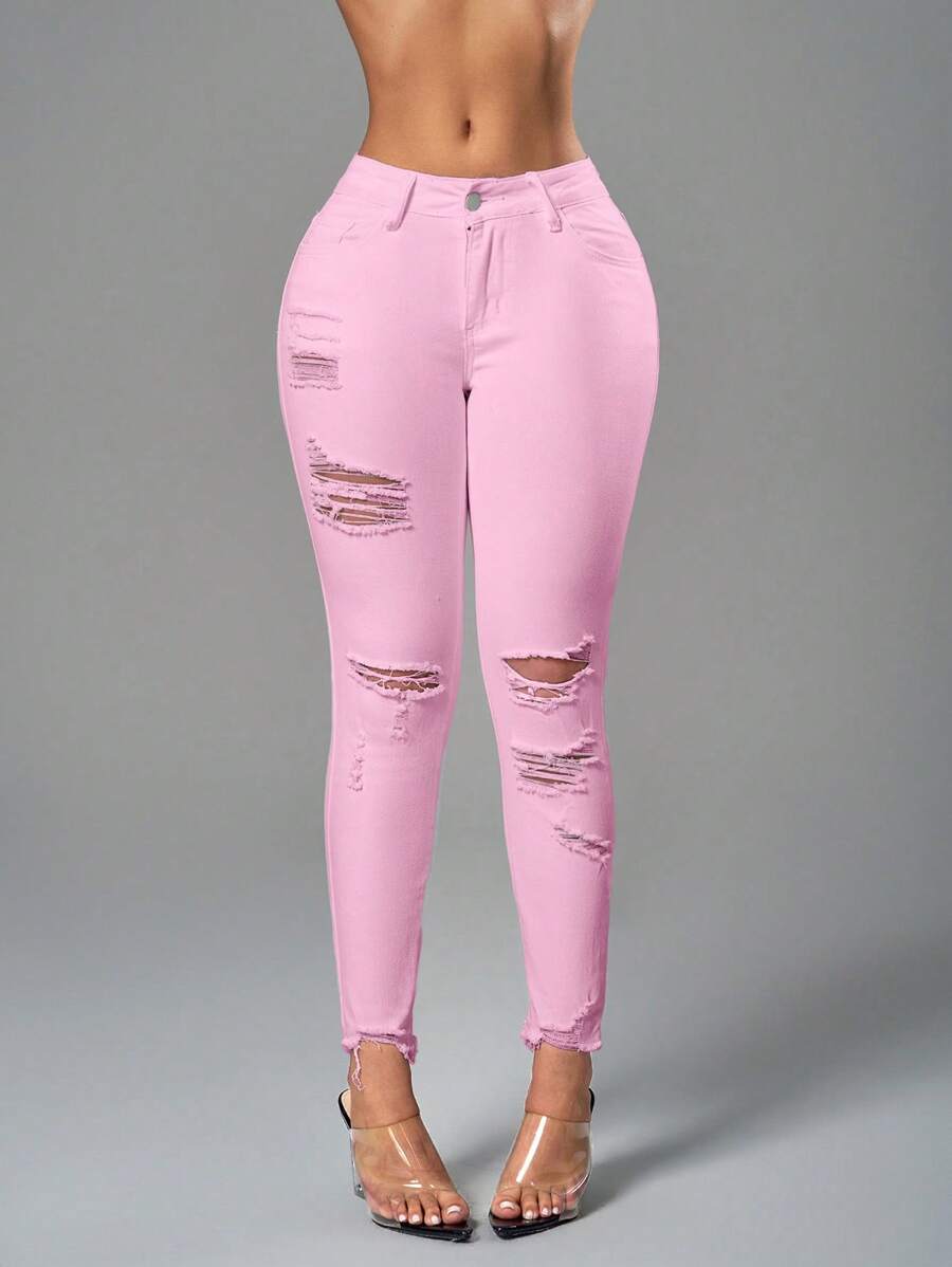 SHEIN SXY 實心撕裂生邊窄腳牛仔褲