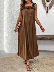 SHEIN LUNE Women's Leopard Print Shoulder Strap Ruffle Hem Sleeveless Vacation Casual Dress