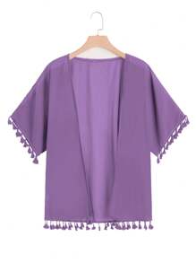 SHEIN LUNE Plus Tassel Trim Open Front Coat - Purple - View 1