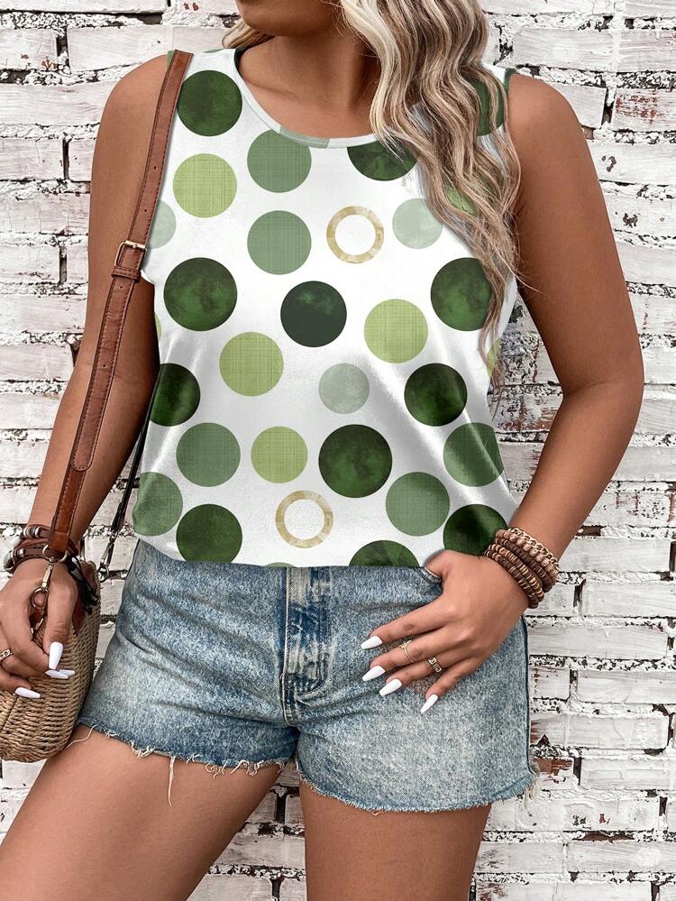 Plus Size Women's Casual Polka Dot Pattern Knitted Tank Top With Round Neckline, Summer Back To School,Spring/Vacation