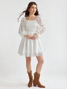Enchnt Women's White Cute Summer Holiday Solid Color Simple Daily Lace Decorated Embroidery Lace Romantic Dress - White - View 3