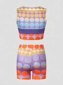 SHEIN Slayr Women's Summer Fashion Polka Dot & Gradient Printed Slim Fit Tank Top And Shorts Set - Multicolor - View 2