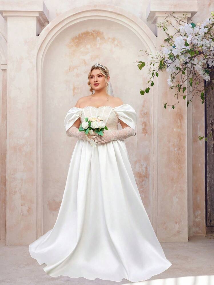 SHEIN Belle Plus Elegant, Simple, Sexy And Romantic White Lace Spliced Satin  Wedding Dress With Waist Decoration, Off-Shoulder Design, Slim Fit, Pearl  Ornament, Perfect For Wedding Season Brides | SHEIN