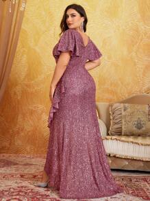 UNITHORSE Plus Size Front & Back V-Neck Flare Sleeve Uneven Ruffle Hem Elegant Glitter Formal Dress, Party Dress, Wedding Guest Dress, Evening Dress, Bride Dress, Birthday Women Outfits, Graduation Dress, Formal Dress,Gown - Dusty Pink - View 3