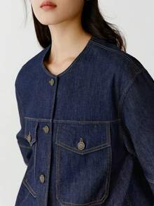 Top in denim semplice a tinta unita da donna per l'uso quotidiano - Blu lavato scuro - Visualizzare 2