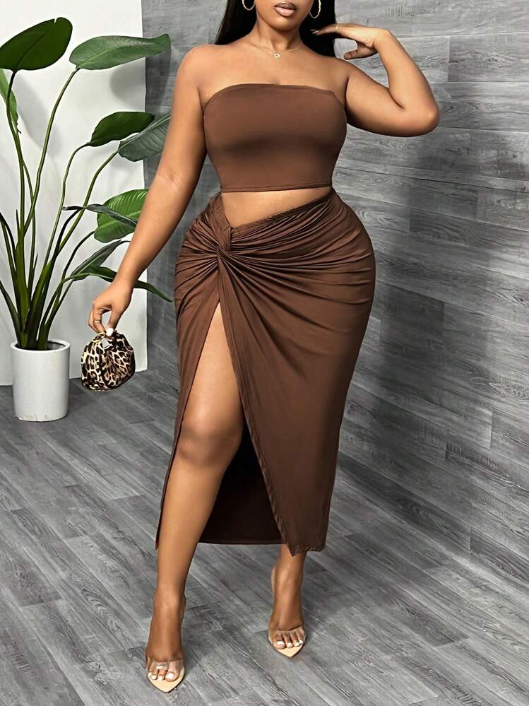 SHEIN SXY 露腿雙層設計套裝，前扭結裁剪，高分裂大腿 - 咖啡棕 - 查看 1