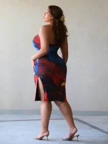 Flirla Mesh Printed Plus Size Bodycon Bandeau Dress - Multicolor - View 2
