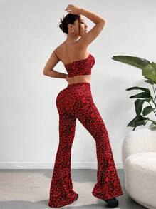 SHEIN EZwear Women's Leopard Print Tube Top And Flared Pants Two-Piece Set