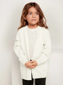 SHEIN Young Girl Solid Drop Shoulder Dual Pocket Duster Cardigan In Fall/Winter - White - View 4