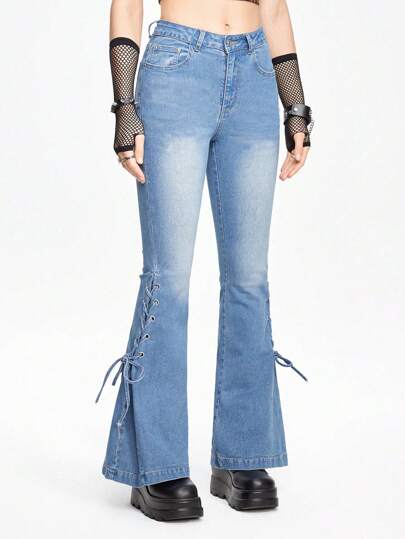 Kawaii Damen Schlagjeans mit Schnürösenketten & Schleifen Detail, Frühling/Sommer