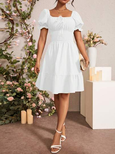 Rafferiza Summer Casual Solid Color Puff Sleeve Fitted Waist Dress