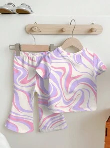 SHEIN 女婴休闲卡通少女图案短袖圆领上衣和长裤套装，适合春夏季 - 彩色 - 查看 2