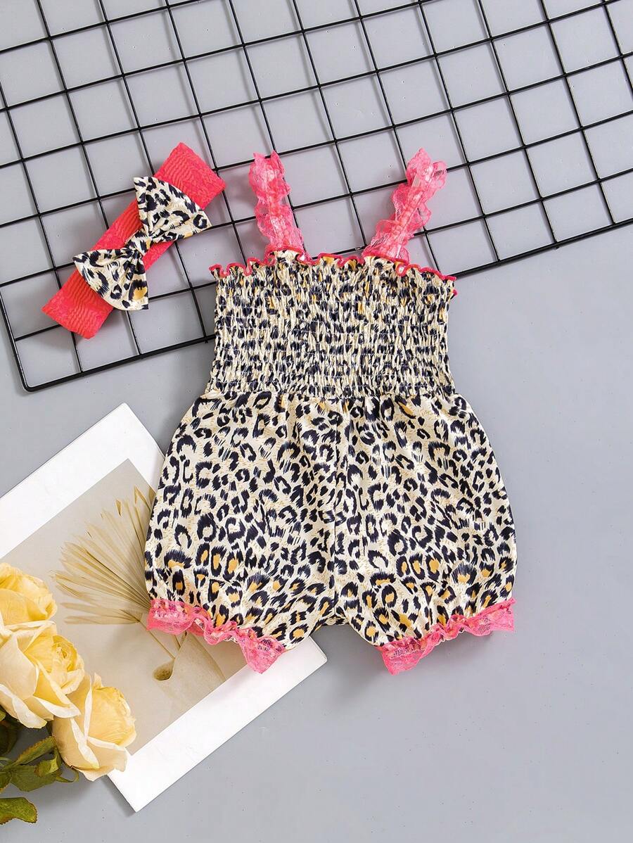 寶寶女孩時尚蕾絲豹紋連身裝，配有蝴蝶結頭帶和舒適的肩帶，夏季款 - 彩色 - 查看 1
