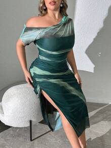 Modelyn 加大码不对称领口修身拼色长裙，休闲或度假的完美选择，优雅的婚礼宾客/场合/仪式/晚会长晚礼服 - 彩色 - 查看 4