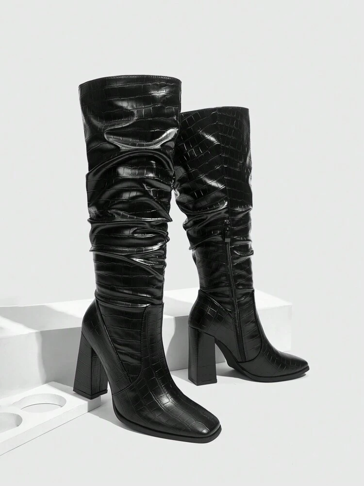 CUCCOO SZL Fashionable Retro British Style Crocodile Pattern Chunky Heel Women's Knee High Boots Halloween Witch For Spring Shoes Spring Break Easter