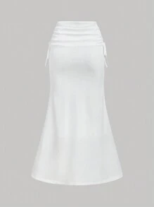 SHEIN MOD 高腰側拉繩腰帶，褶裥腰身，魚尾裙擺，長裙 - 白色 - 查看 2