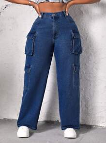 SHEIN SXY 高腰翻盖口袋工装男友风牛仔裤 - 深色水洗藍 - 查看 5