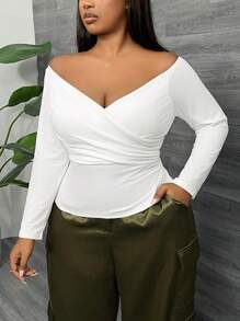 SHEIN SXY Women Plus Curve  Off Shoulder Crisscross Ruched Tee - White - View 3