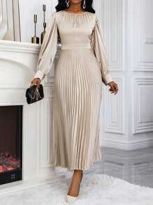 EMERY ROSE Đầm Maxi Satin Xếp Ly Tay Phồng Dáng Chữ A Ôm Eo Thu Đông Cho Nữ Trang Phục Nữ - Màu Khaki - Xem 4