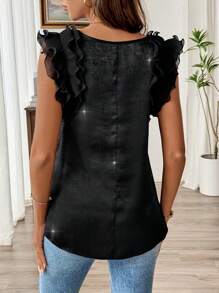 SHEIN LUNE Damen Doppellagiges A-Linien Shirt mit glänzendem Satinfinish, V-Ausschnitt, Flatter-Ärmel und Blumenspitze Details in Aprikosenfarbe, Sommer - Schwarz - Übersicht 2