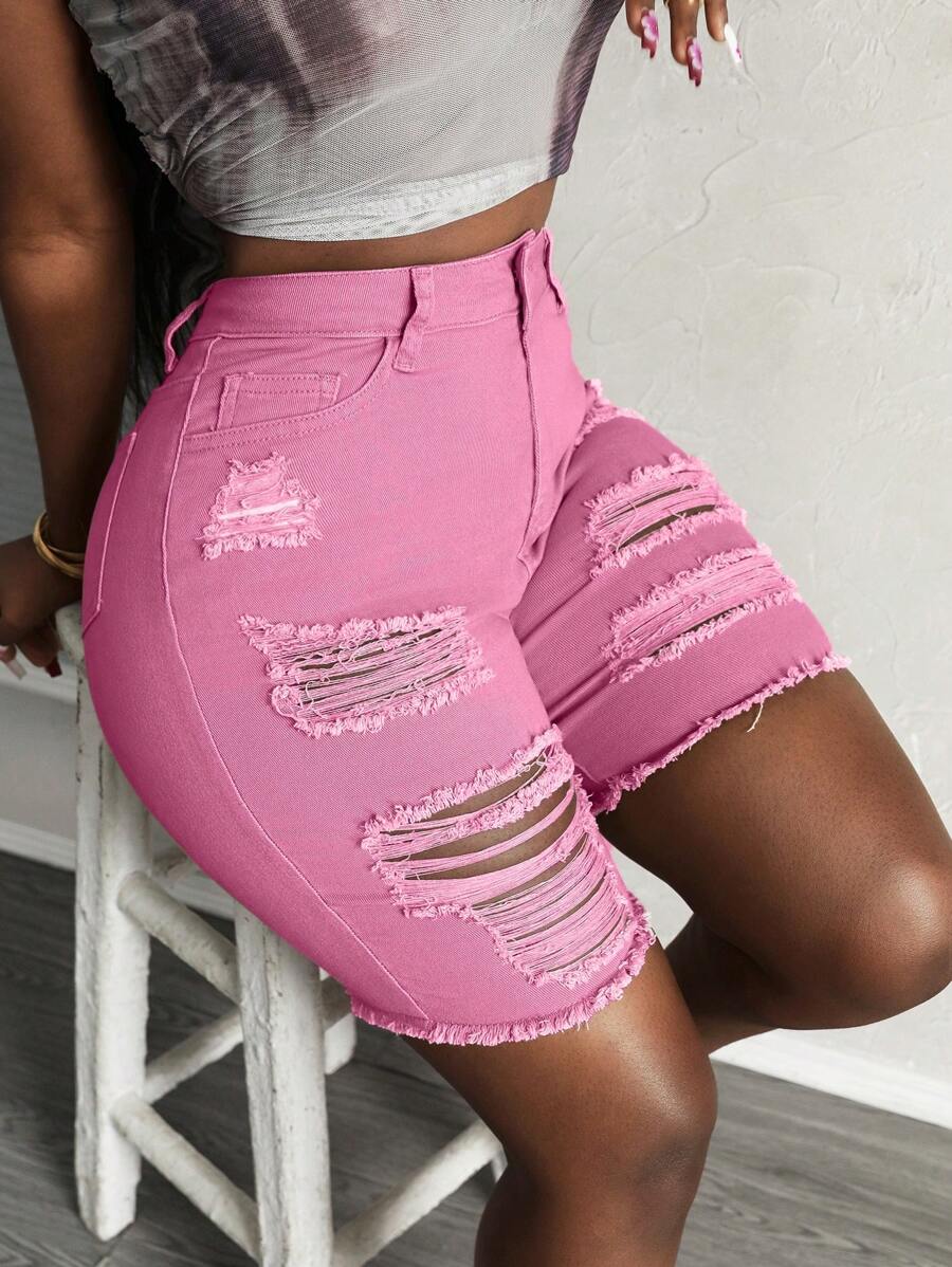 SHEIN Slayr Ladies' Simple Daily Ripped Denim Shorts - Pink - View 1