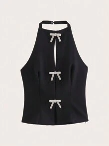 Rhinestone Bow Front Halter Top Black Elegant Summer - Black - View 1