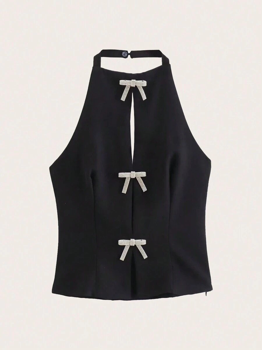 Rhinestone Bow Front Halter Top Black Elegant Summer - Black - View 1