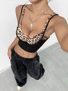 Flirla Top de verano para mujer con estampado de leopardo tejido, recortado y ajustado con decoración de lazo y contraste de estampado de leopardo