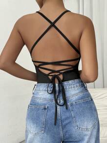 SHEIN Essnce 後無背黑色連體衣，內置薄墊胸罩和細肩帶 - 黑色 - 查看 4