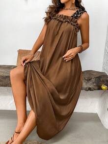 SHEIN LUNE Women's Leopard Print Shoulder Strap Ruffle Hem Sleeveless Vacation Casual Dress