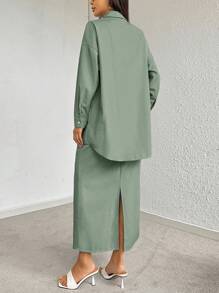 Mulvari Drop Shoulder Long Sleeve Shirt & Skirt 2 Pieces Set