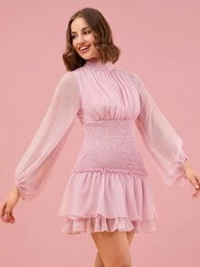 Enchnt Robe à manches longues pour femmes, couleur unie et simple, pour un port quotidien - Rose bonbon - Voir 2