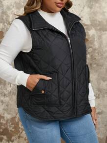 SHEIN VCAY Plus Zip Up Quilted Vest Coat , Black - Black - View 5