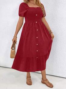 SHEIN LUNE Plus Size Women's Solid Color Simple Daily Wear Square Neck Short Sleeve Dress - Red - View 3