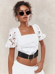 MISSGUIDED Cut-Out Lace Balloon Short Sleeves Square Neck Belted Hem Crop Top