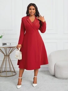 SHEIN Lady 加大码红色领腰收腰 A 字中长款西装连衣裙，优雅正式场合连衣裙秋季服装红色长袖 - 紅色 - 查看 5