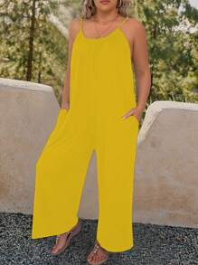 SHEIN LUNE Bộ áo liền quần màu trơn cỡ lớn có túi, áo ba lỗ mùa hè không tay - Màu vàng - Xem 4