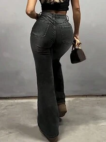 MYOURSA 高腰喇叭牛仔裤，女士弹力靴型裤，Y2K街头风休闲复古时尚，灰色 - 灰色 - 查看 2