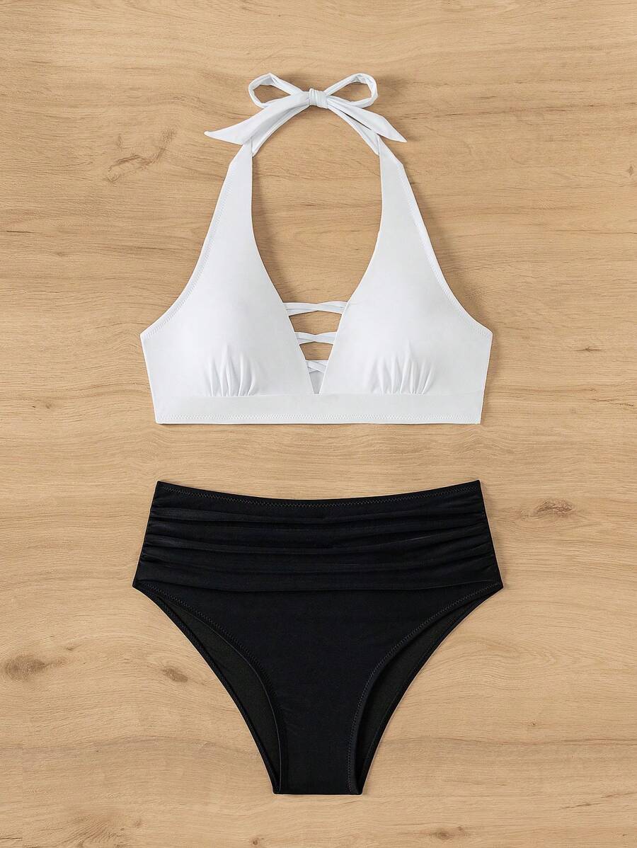 SHEIN Swim 女士性感拼色頸掛式比基尼套裝,適用於夏日沙灘 - 彩色 - 查看 1